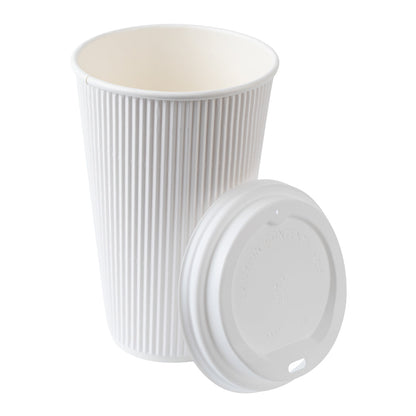 Restpresso 16 oz White Paper Ripple Wall Coffee Cup - with White Lid - 3 1/2" x 3 1/2" x 6 1/4" - 20 count box