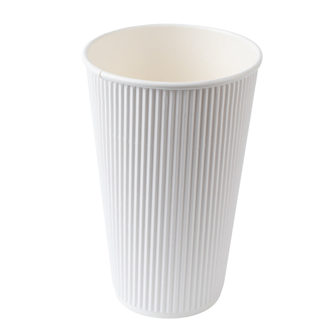 Restpresso 16 oz White Paper Ripple Wall Coffee Cup - with White Lid - 3 1/2" x 3 1/2" x 6 1/4" - 200 count box