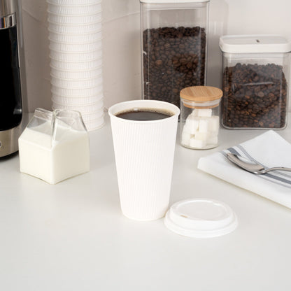 Restpresso 16 oz White Paper Ripple Wall Coffee Cup - with White Lid - 3 1/2" x 3 1/2" x 6 1/4" - 200 count box