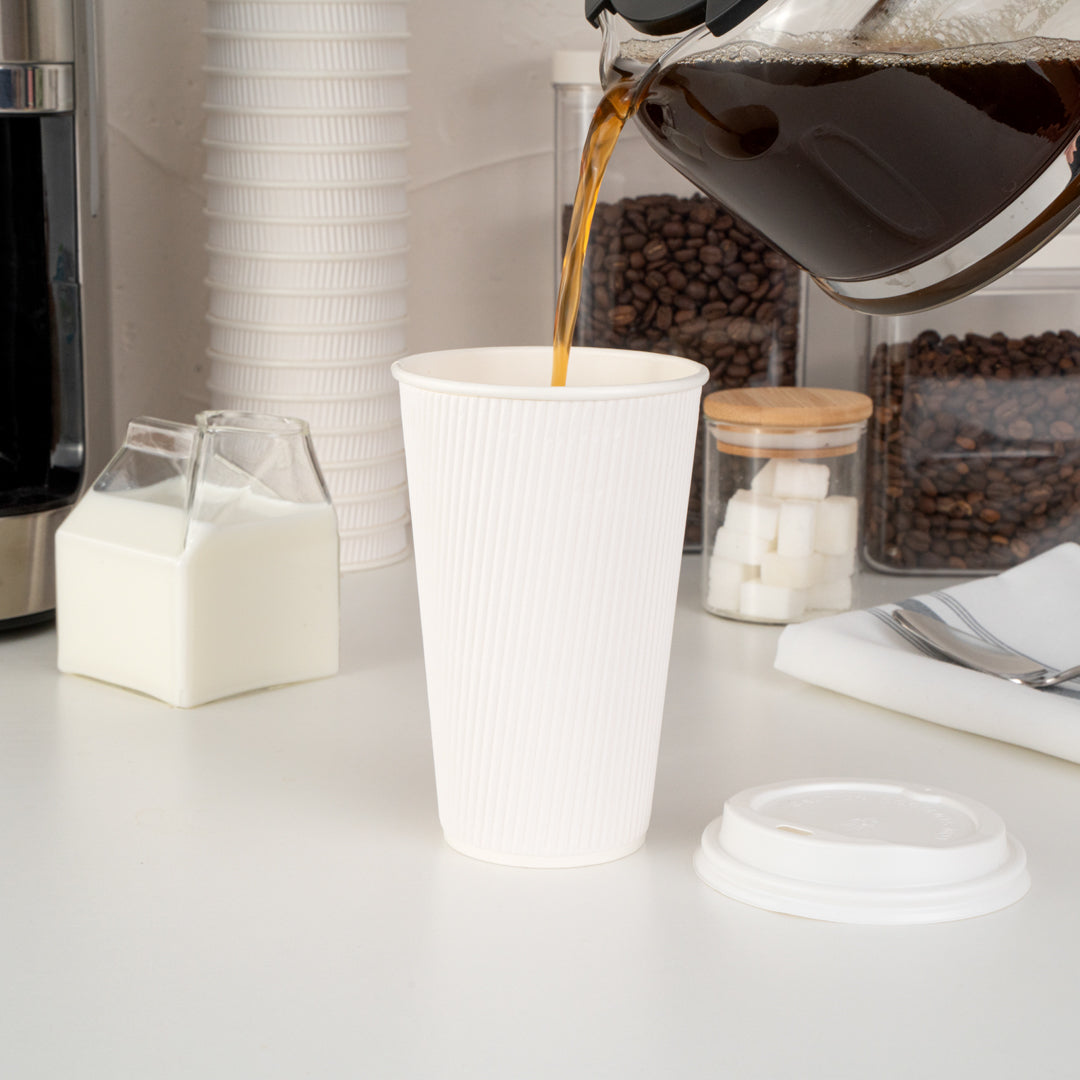 Restpresso 16 oz White Paper Ripple Wall Coffee Cup - with White Lid - 3 1/2" x 3 1/2" x 6 1/4" - 200 count box
