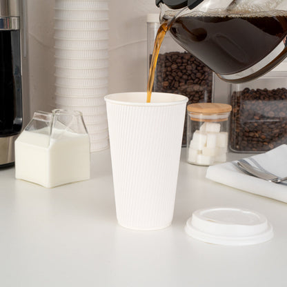 Restpresso 16 oz White Paper Ripple Wall Coffee Cup - with White Lid - 3 1/2" x 3 1/2" x 6 1/4" - 200 count box
