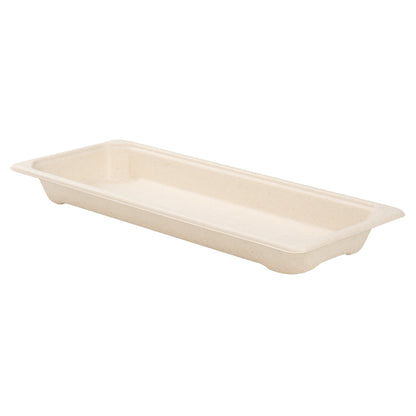 Pulp Tek Rectangle Natural Sugarcane / Bagasse Long Sushi Tray - 8 3/4" x 3 1/2" x 3/4" - 100 count box