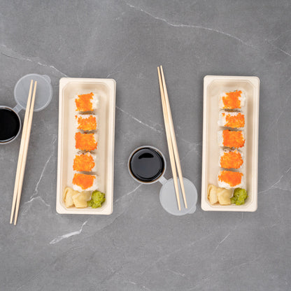 Pulp Tek Rectangle Natural Sugarcane / Bagasse Long Sushi Tray - 8 3/4" x 3 1/2" x 3/4" - 100 count box