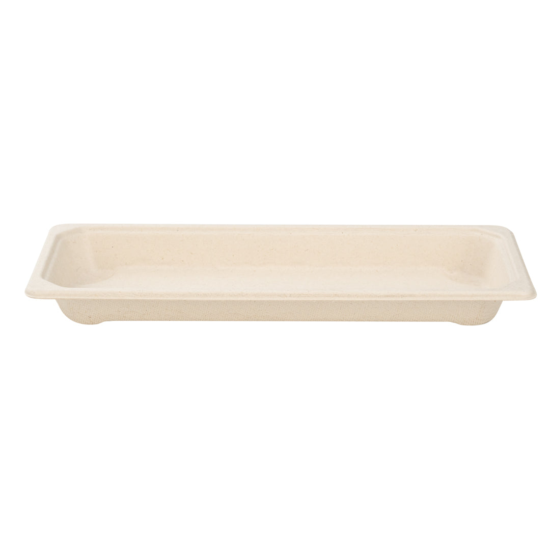 Pulp Tek Rectangle Natural Sugarcane / Bagasse Long Sushi Tray - 8 3/4" x 3 1/2" x 3/4" - 100 count box