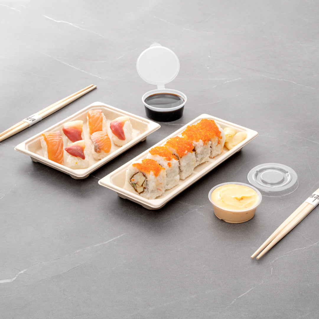 Pulp Tek Rectangle Natural Sugarcane / Bagasse Long Sushi Tray - 8 3/4" x 3 1/2" x 3/4" - 100 count box