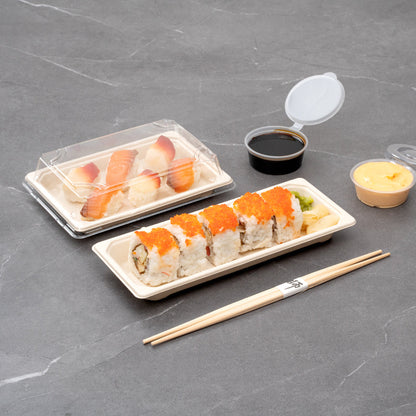 Pulp Tek Rectangle Natural Sugarcane / Bagasse Long Sushi Tray - 8 3/4" x 3 1/2" x 3/4" - 100 count box