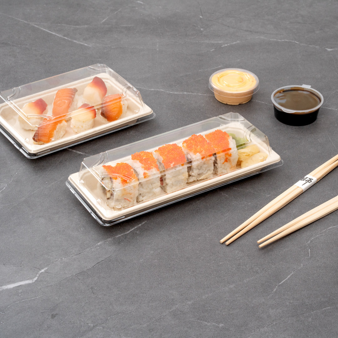 Pulp Tek Rectangle Clear Plastic Lid - Fits Long Sushi Tray - 8 3/4" x 3 3/4" x 1 1/4" - 100 count box