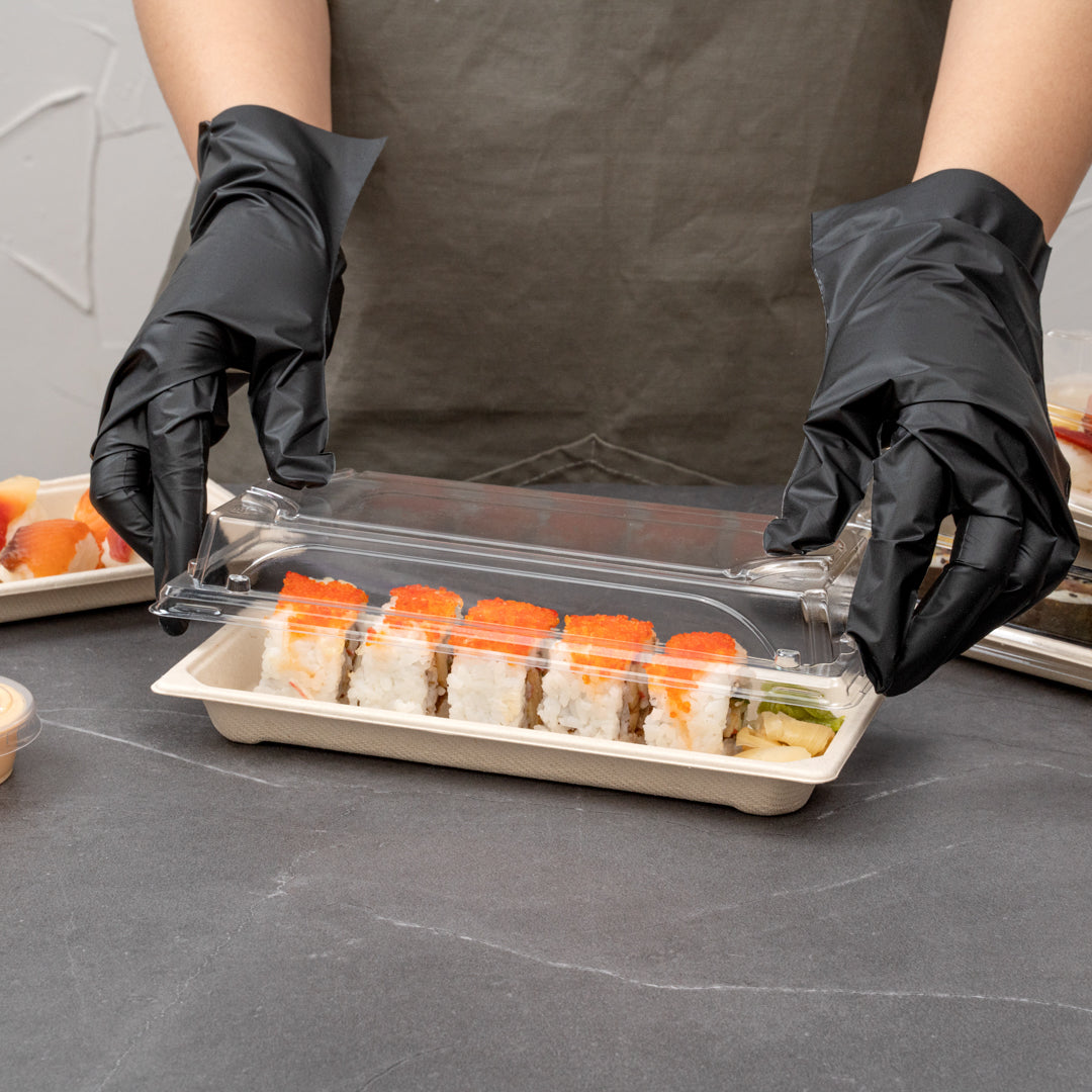 Pulp Tek Rectangle Clear Plastic Lid - Fits Long Sushi Tray - 8 3/4" x 3 3/4" x 1 1/4" - 100 count box