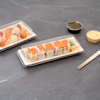 Pulp Tek Rectangle Clear Plastic Lid - Fits Long Sushi Tray - 8 3/4" x 3 3/4" x 1 1/4" - 100 count box