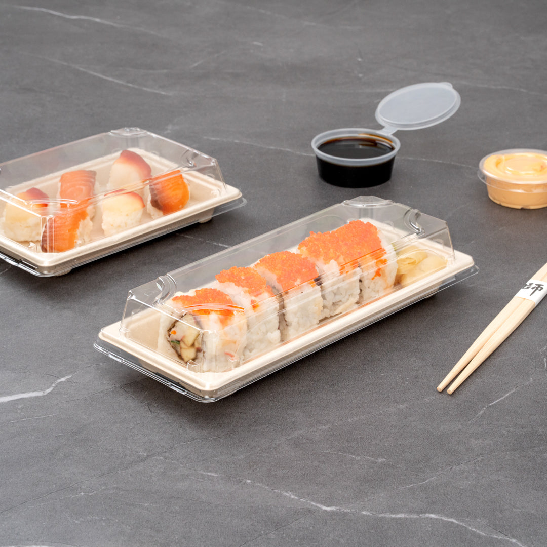 Pulp Tek Rectangle Clear Plastic Lid - Fits Long Sushi Tray - 8 3/4" x 3 3/4" x 1 1/4" - 100 count box