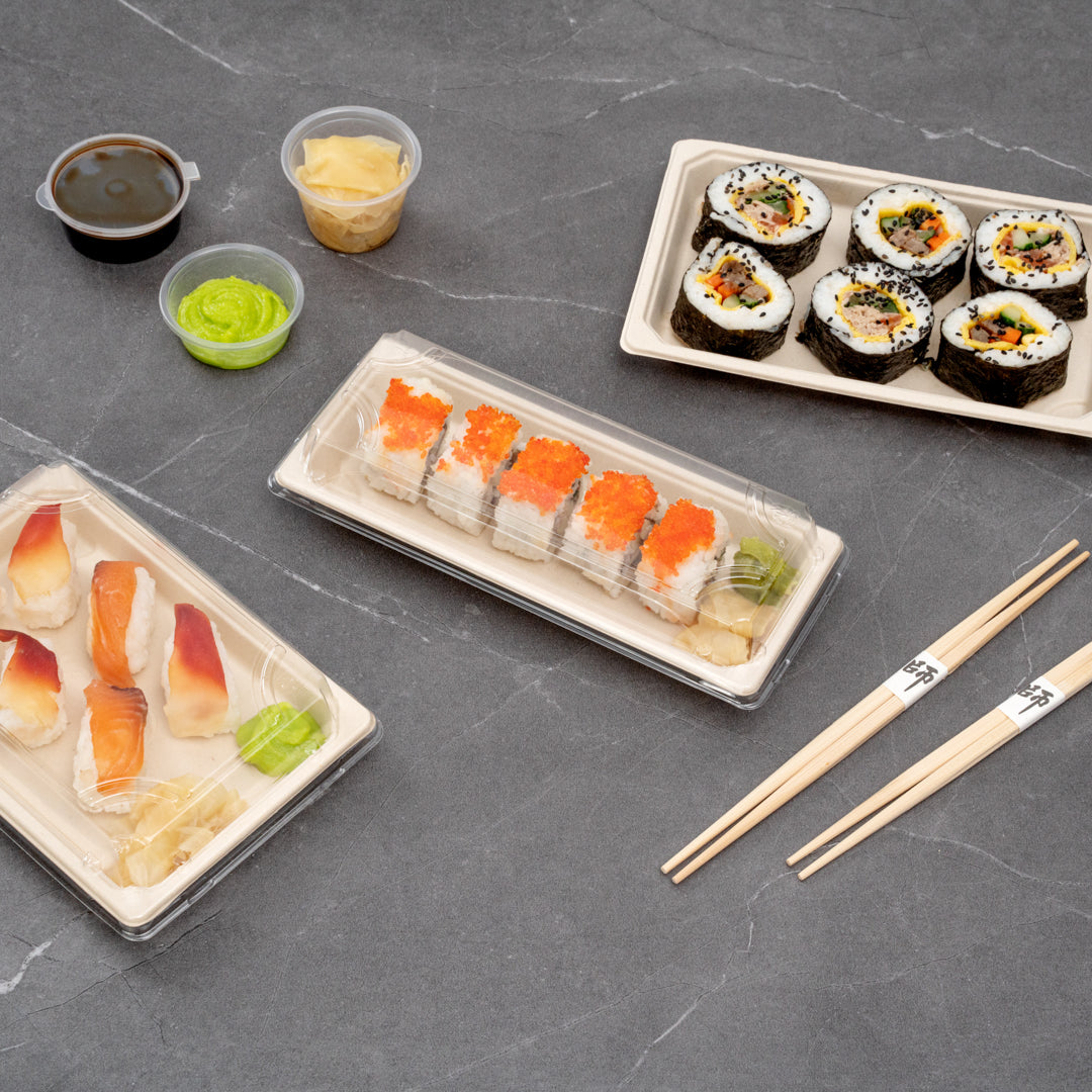Pulp Tek Rectangle Clear Plastic Lid - Fits Long Sushi Tray - 8 3/4" x 3 3/4" x 1 1/4" - 100 count box