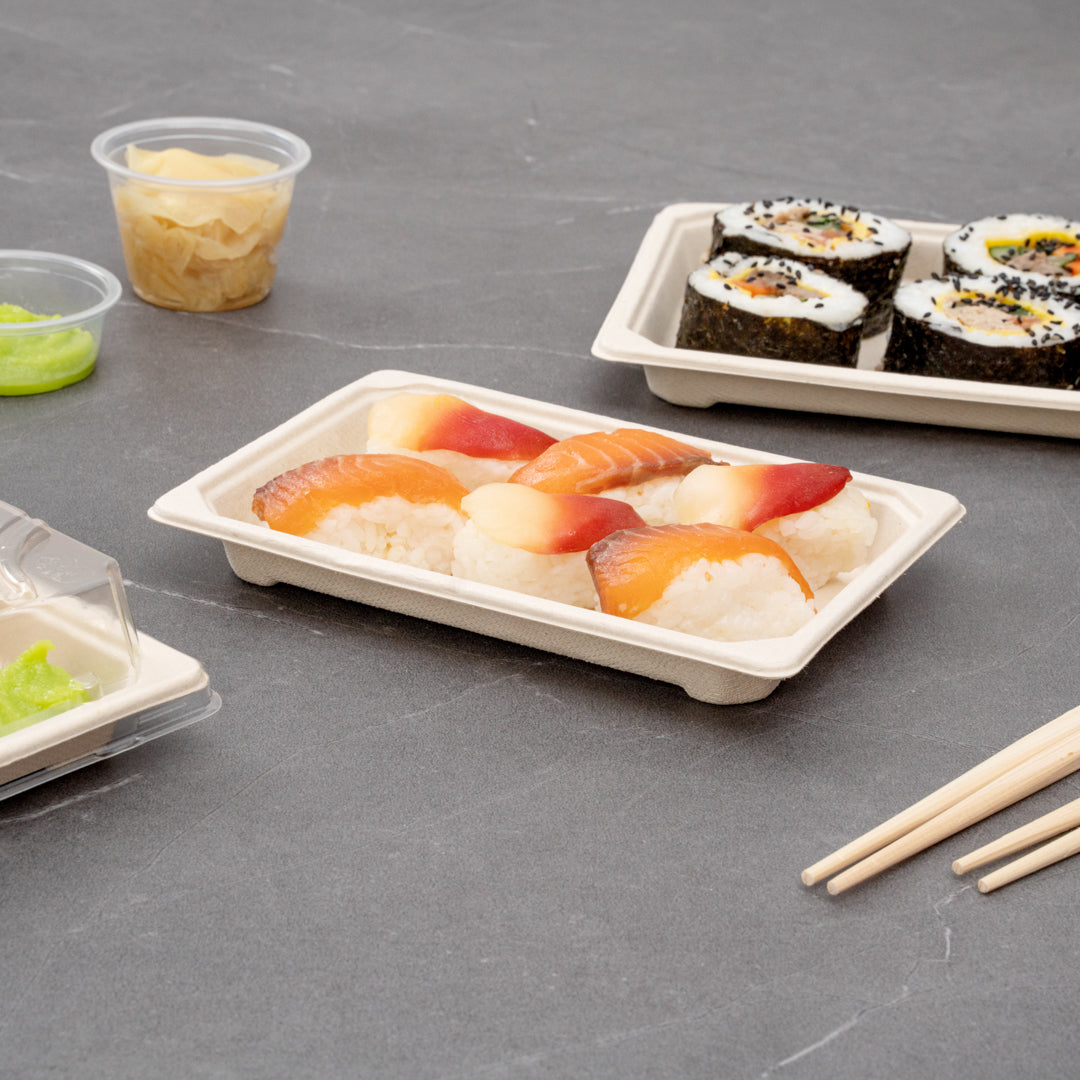 Pulp Tek Rectangle Natural Sugarcane / Bagasse Small Sushi Tray - 6 1/2" x 4 1/2" x 3/4" - 100 count box