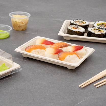 Pulp Tek Rectangle Natural Sugarcane / Bagasse Small Sushi Tray - 6 1/2" x 4 1/2" x 3/4" - 100 count box