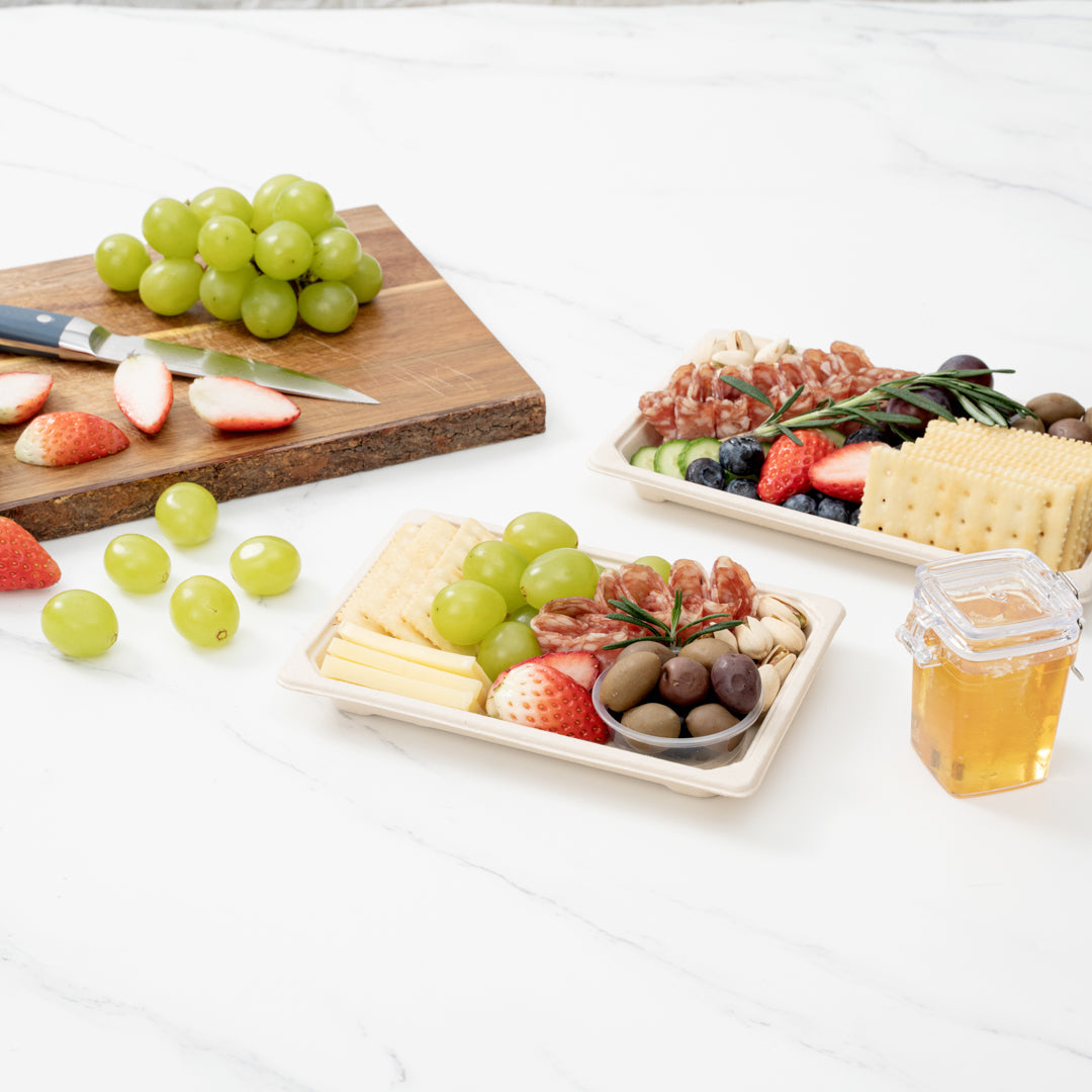 Pulp Tek Rectangle Natural Sugarcane / Bagasse Medium Sushi Tray - 7 1/4" x 5" x 3/4" - 100 count box