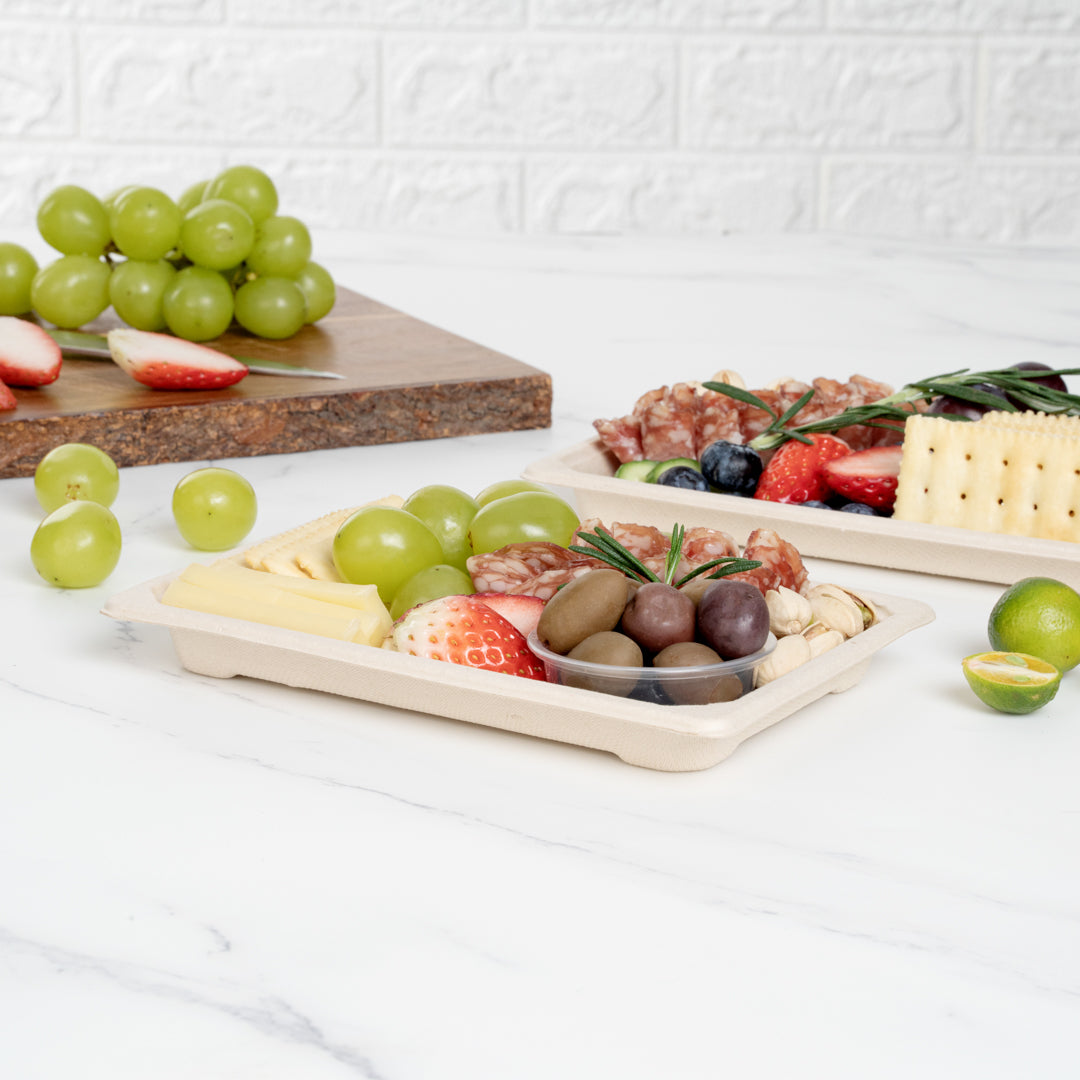Pulp Tek Rectangle Natural Sugarcane / Bagasse Medium Sushi Tray - 7 1/4" x 5" x 3/4" - 100 count box