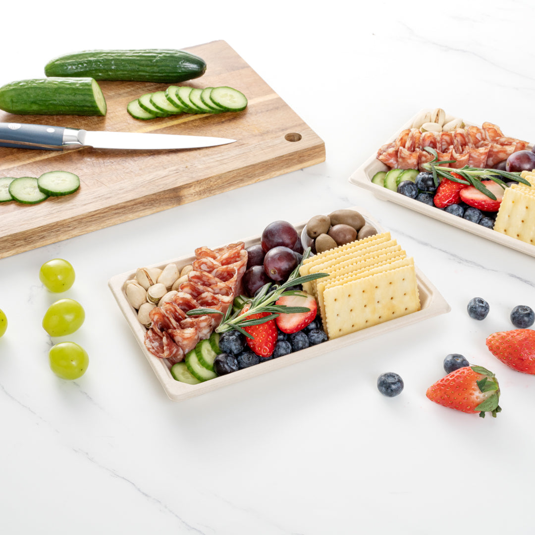 Pulp Tek Rectangle Natural Sugarcane / Bagasse Large Sushi Tray - 8 1/2" x 5 1/4" x 3/4" - 100 count box