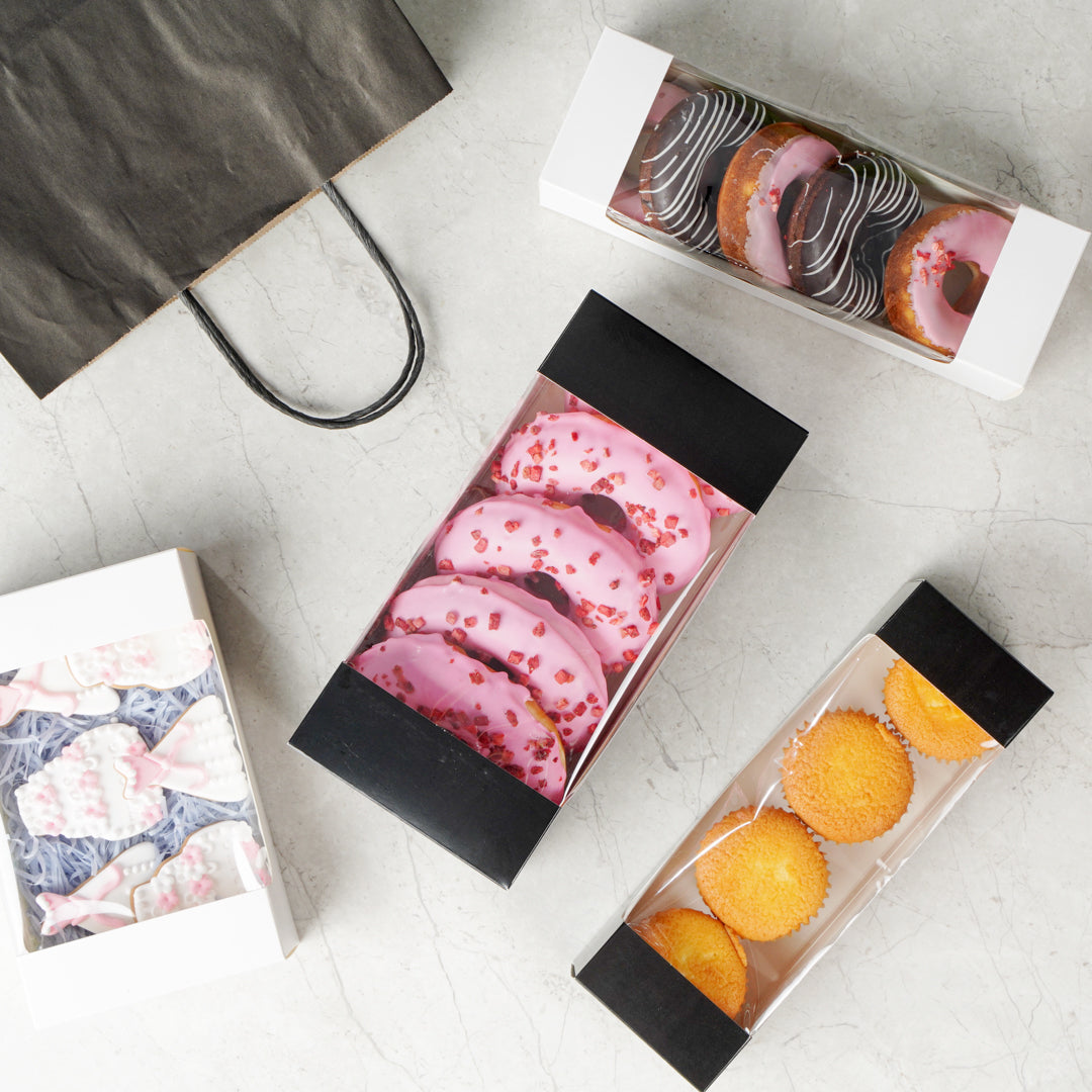 Pastry Tek Black Paper Pastry / Cake Box - with Window - 9 3/4" x 4 3/4" x 4" - 100 count box