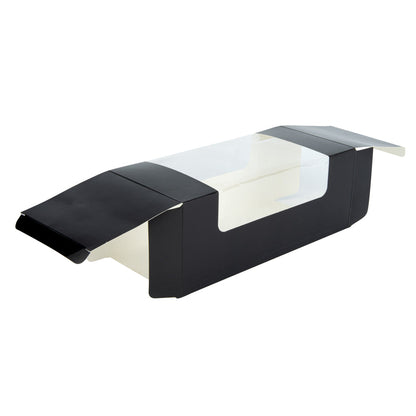 Pastry Tek Black Paper Pastry / Cake Box - with Window - 9 3/4" x 4 3/4" x 4" - 100 count box