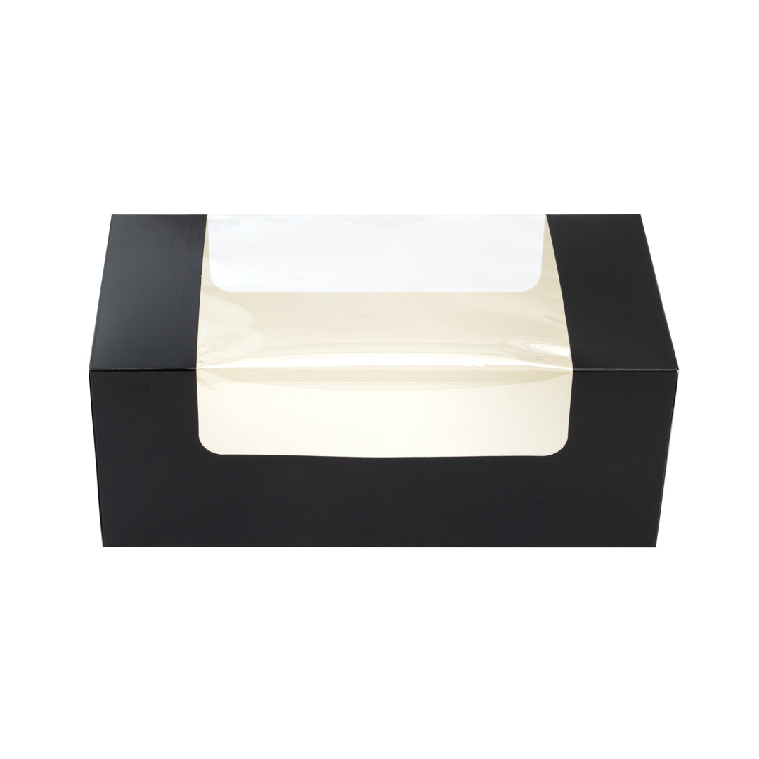 Pastry Tek Black Paper Pastry / Cake Box - with Window - 9 3/4" x 4 3/4" x 4" - 100 count box