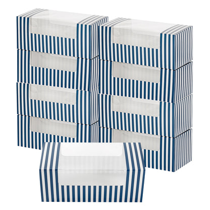 Pastry Tek Blue and White Stripe Paper Pastry / Cake Box - with Window - 9 3/4" x 4 3/4" x 4" - 100 count box