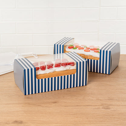 Pastry Tek Blue and White Stripe Paper Pastry / Cake Box - with Window - 9 3/4" x 4 3/4" x 4" - 100 count box