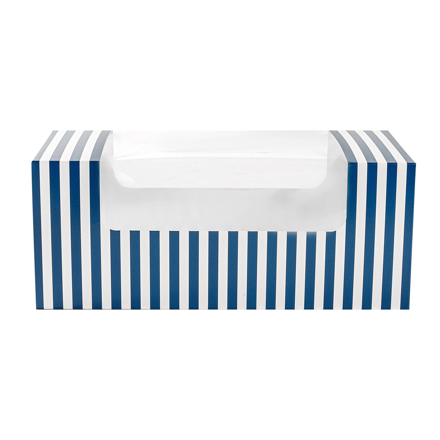 Pastry Tek Blue and White Stripe Paper Pastry / Cake Box - with Window - 9 3/4" x 4 3/4" x 4" - 100 count box