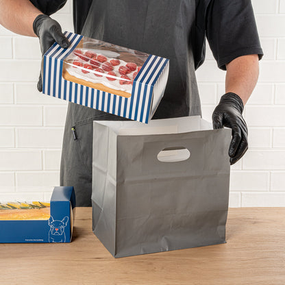 Pastry Tek Blue and White Stripe Paper Pastry / Cake Box - with Window - 9 3/4" x 4 3/4" x 4" - 100 count box