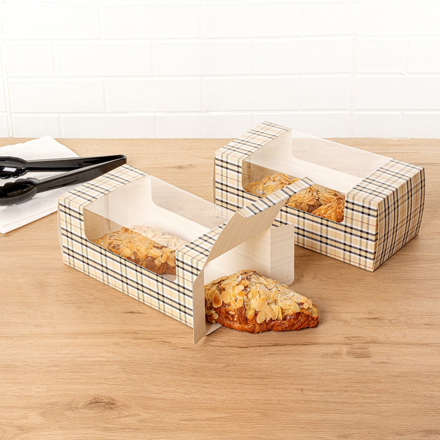 Pastry Tek Plaid Paper Pastry / Cake Box - with Window - 9 3/4" x 4 3/4" x 4" - 100 count box