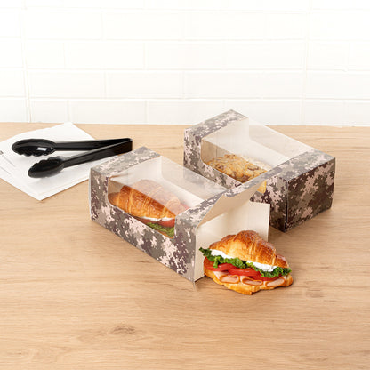 Pastry Tek Camouflage Paper Pastry / Cake Box - with Window - 9 3/4" x 4 3/4" x 4" - 100 count box
