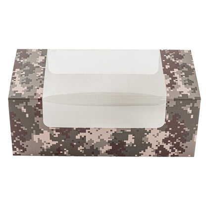 Pastry Tek Camouflage Paper Pastry / Cake Box - with Window - 9 3/4" x 4 3/4" x 4" - 100 count box
