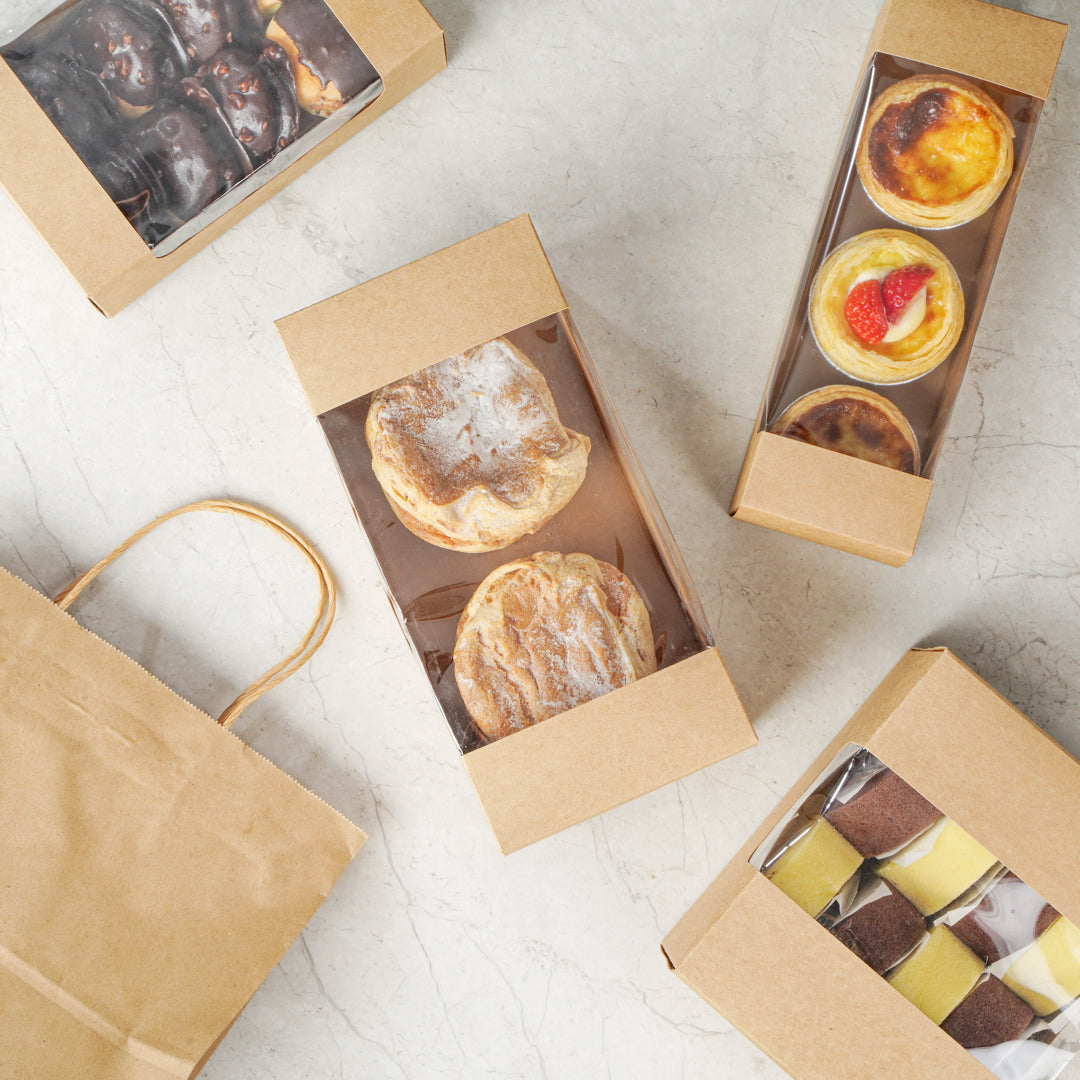 Pastry Tek Kraft Paper Pastry / Cake Box - with Window - 9 3/4" x 4 3/4" x 4" - 100 count box