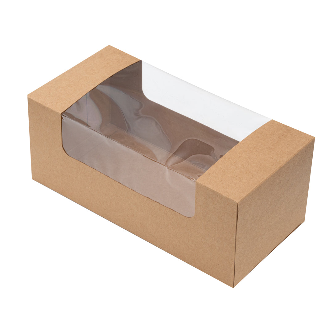 Pastry Tek Kraft Paper Pastry / Cake Box - with Window - 9 3/4" x 4 3/4" x 4" - 100 count box