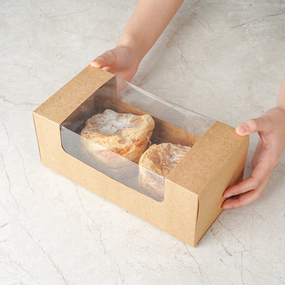 Pastry Tek Kraft Paper Pastry / Cake Box - with Window - 9 3/4" x 4 3/4" x 4" - 100 count box