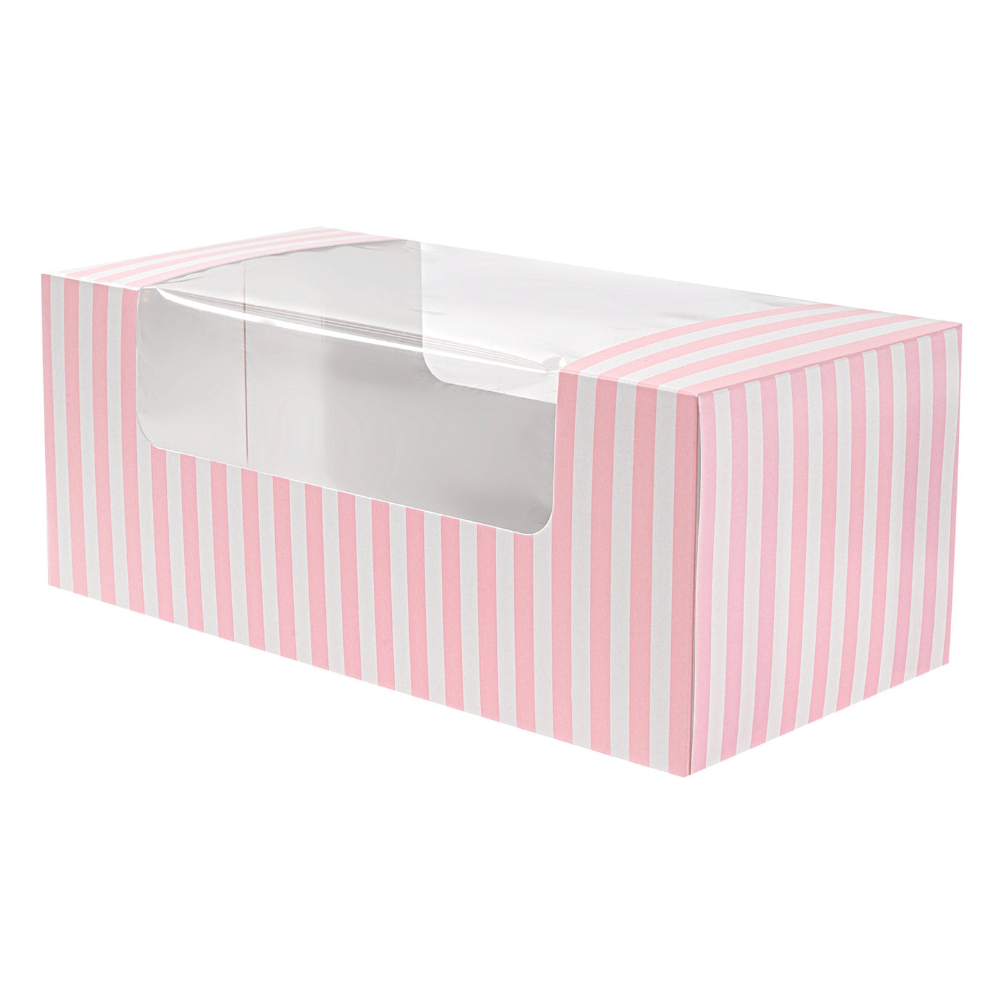 Pastry Tek Pink and White Stripe Paper Pastry / Cake Box - with Window - 9 3/4" x 4 3/4" x 4" - 100 count box