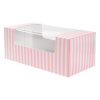Pastry Tek Pink and White Stripe Paper Pastry / Cake Box - with Window - 9 3/4" x 4 3/4" x 4" - 100 count box