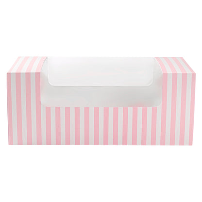 Pastry Tek Pink and White Stripe Paper Pastry / Cake Box - with Window - 9 3/4" x 4 3/4" x 4" - 100 count box