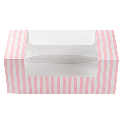 Pastry Tek Pink and White Stripe Paper Pastry / Cake Box - with Window - 9 3/4" x 4 3/4" x 4" - 100 count box
