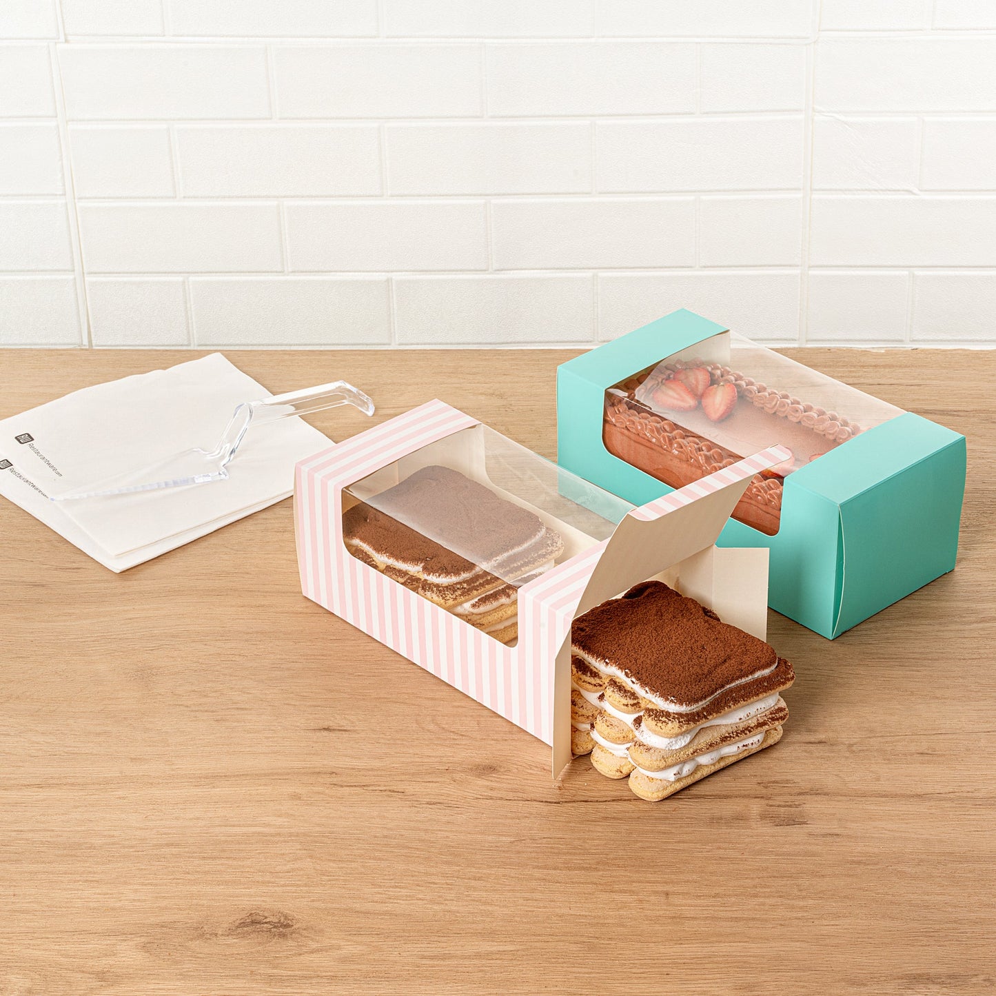 Pastry Tek Pink and White Stripe Paper Pastry / Cake Box - with Window - 9 3/4" x 4 3/4" x 4" - 100 count box