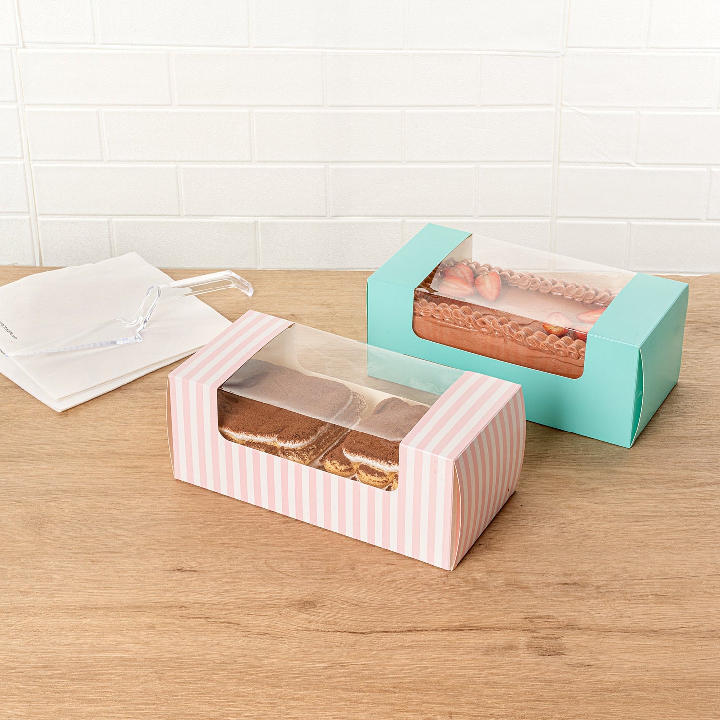 Pastry Tek Pink and White Stripe Paper Pastry / Cake Box - with Window - 9 3/4" x 4 3/4" x 4" - 100 count box