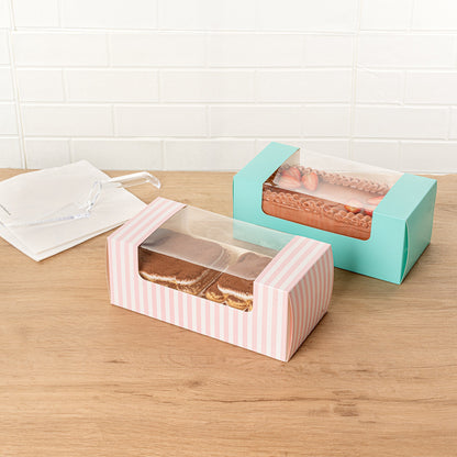 Pastry Tek Pink and White Stripe Paper Pastry / Cake Box - with Window - 9 3/4" x 4 3/4" x 4" - 100 count box