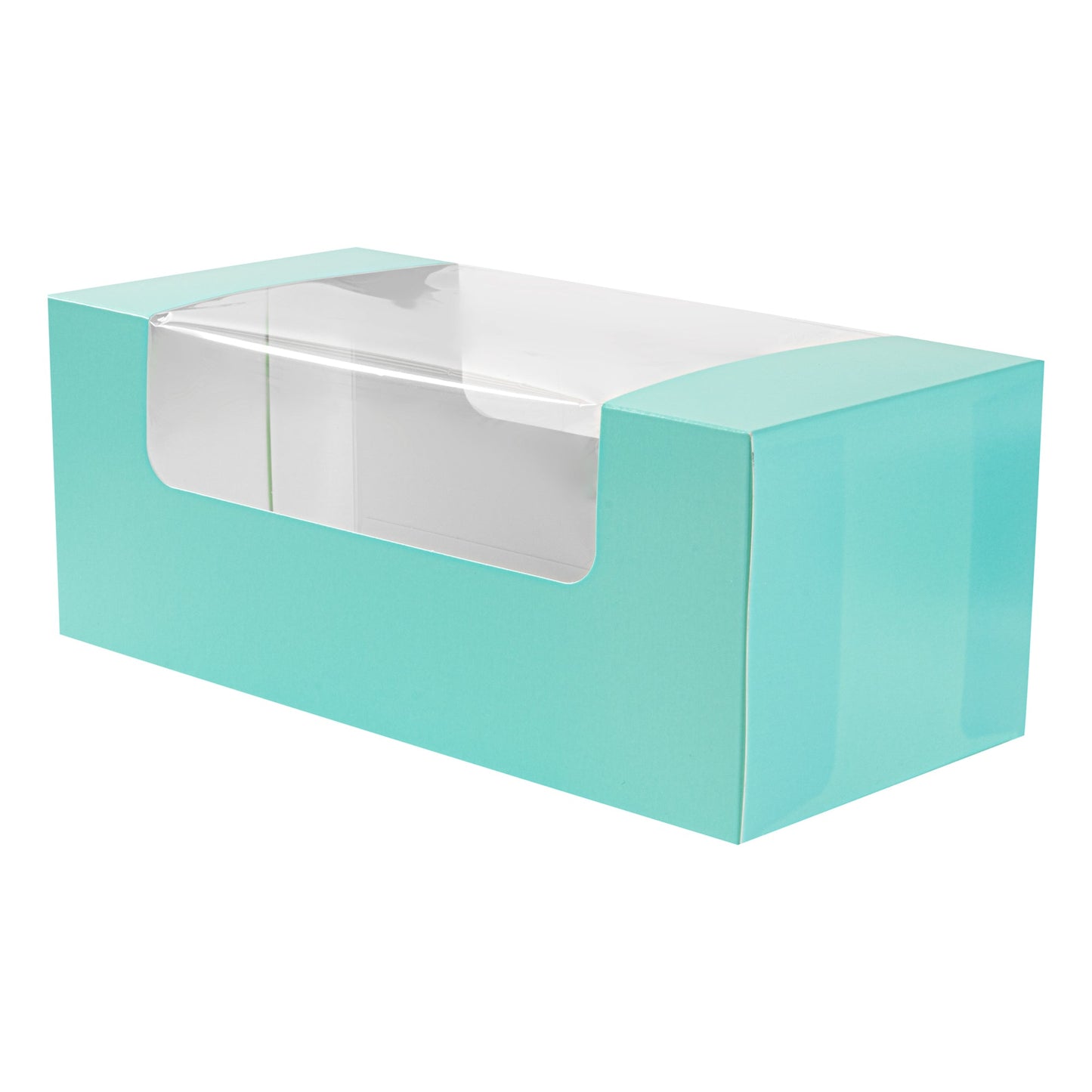 Pastry Tek Turquoise Paper Pastry / Cake Box - with Window - 9 3/4" x 4 3/4" x 4" - 100 count box