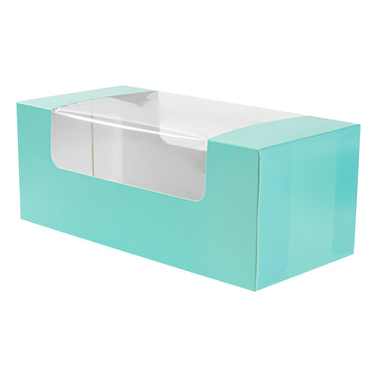 Pastry Tek Turquoise Paper Pastry / Cake Box - with Window - 9 3/4" x 4 3/4" x 4" - 100 count box
