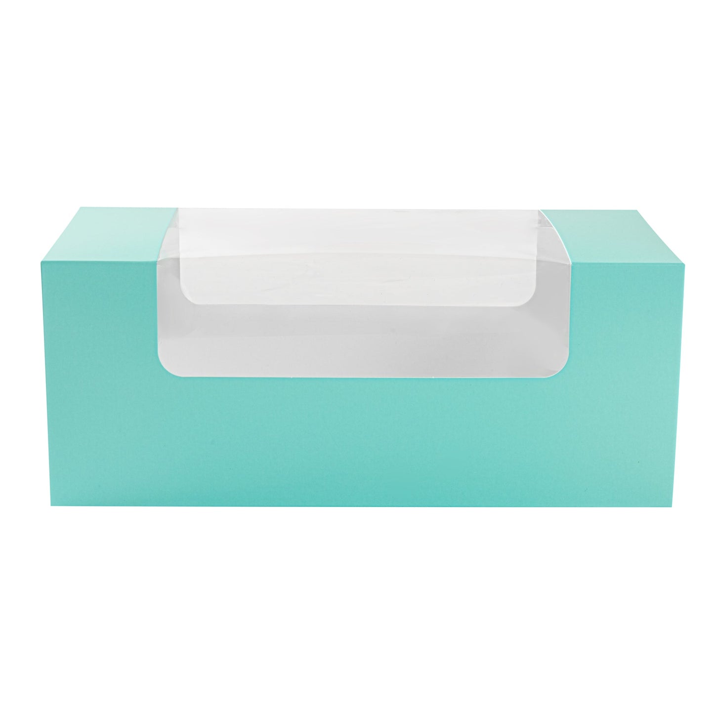 Pastry Tek Turquoise Paper Pastry / Cake Box - with Window - 9 3/4" x 4 3/4" x 4" - 100 count box