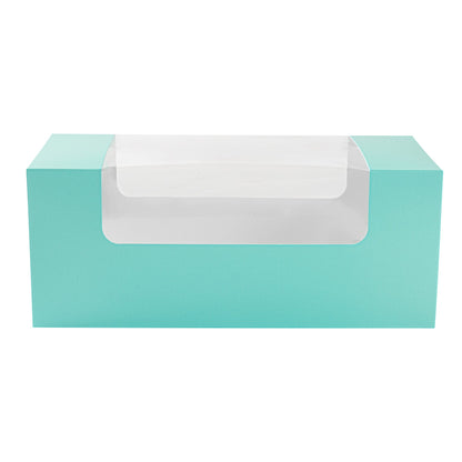 Pastry Tek Turquoise Paper Pastry / Cake Box - with Window - 9 3/4" x 4 3/4" x 4" - 100 count box