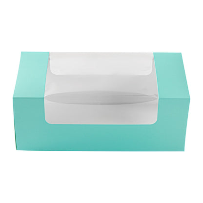 Pastry Tek Turquoise Paper Pastry / Cake Box - with Window - 9 3/4" x 4 3/4" x 4" - 100 count box