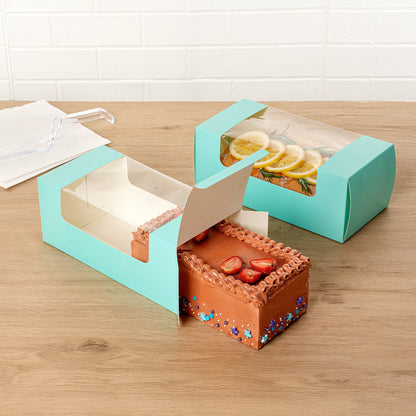 Pastry Tek Turquoise Paper Pastry / Cake Box - with Window - 9 3/4" x 4 3/4" x 4" - 100 count box