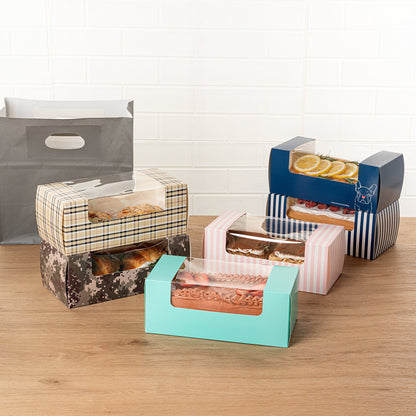 Pastry Tek Turquoise Paper Pastry / Cake Box - with Window - 9 3/4" x 4 3/4" x 4" - 100 count box