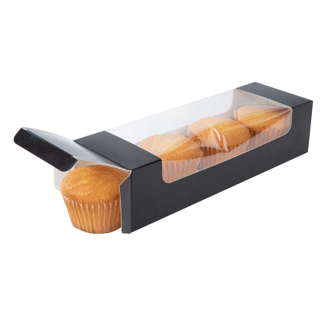 Pastry Tek Black Paper Pastry / Cake Box - with Window - 9 3/4" x 3 1/4" x 2 1/4" - 100 count box