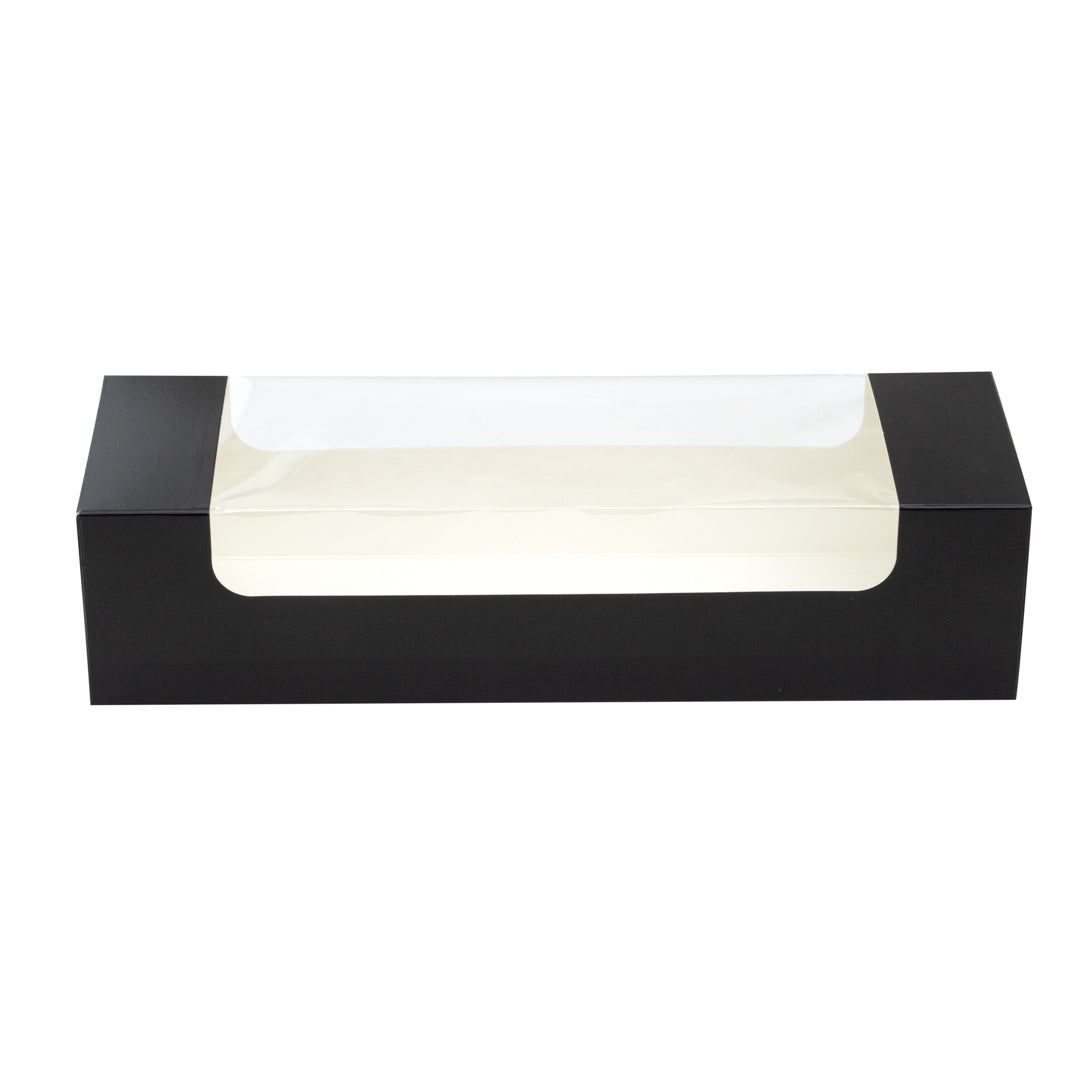 Pastry Tek Black Paper Pastry / Cake Box - with Window - 9 3/4" x 3 1/4" x 2 1/4" - 100 count box