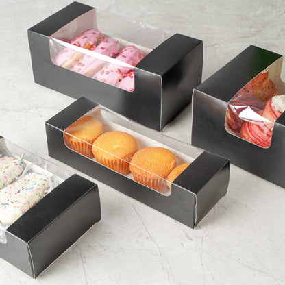 Pastry Tek Black Paper Pastry / Cake Box - with Window - 9 3/4" x 3 1/4" x 2 1/4" - 100 count box